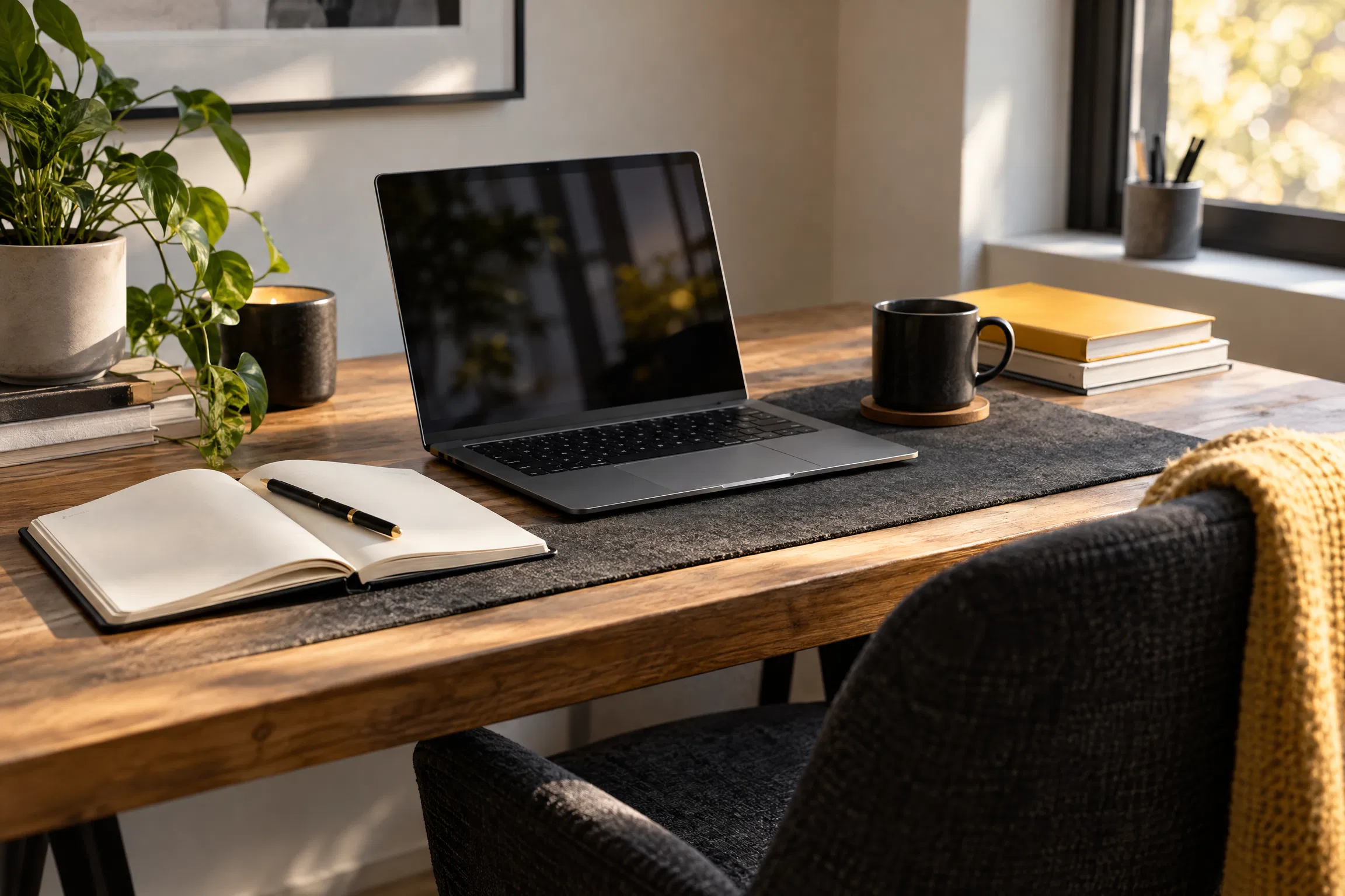 Workspace with laptop, notebook, coffee, and charcoal and yellow details