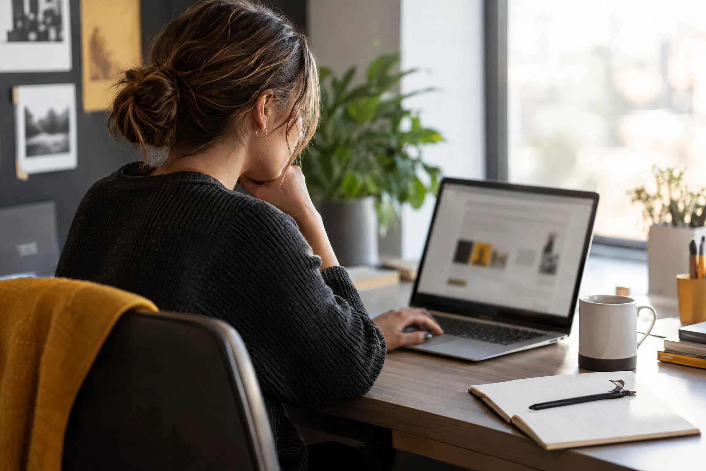 Person reviewing a laptop beside a naturally lit window