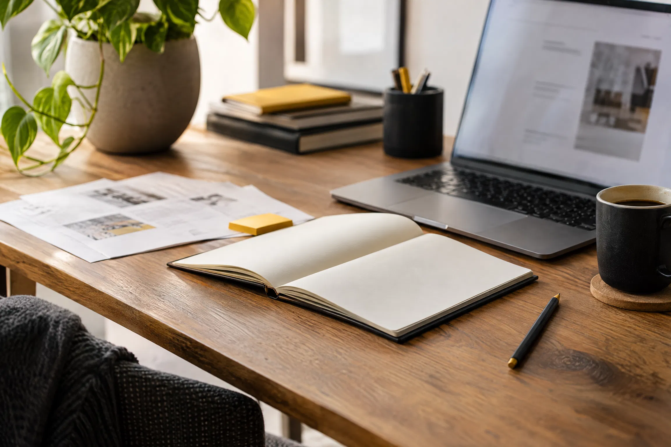 Marketing planning desk with a laptop, open notebook, and yellow stationery